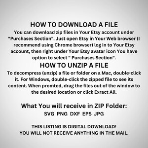 May include: Instructions on how to download and unzip a digital file from Etsy. The text states that the file contains SVG, PNG, DXF, EPS, and JPG files. The text also states that this listing is a digital download and that you will not receive anything in the mail.
