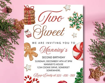 Christmas Birthday Editable Invitation Template | Winter Birthday & Holiday Party Invite | Two Sweet 2nd Birthday Instant Download