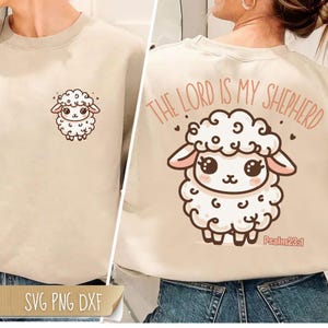 May include: A beige sweatshirt with a cute cartoon lamb on the front and the text "The Lord is my Shepherd, Psalm 23:1" on the back.