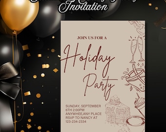 Editable Holiday Party Invitation - Modern Christmas Invitation Template for Adults - Printable Christmas Invite, Instant Download Ready