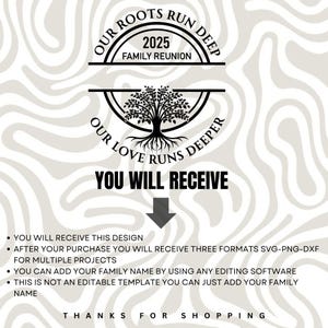 May include: Black and white design for a family reunion with the text "Our Roots Run Deep 2025 Family Reunion Our Love Runs Deeper". The design features a tree with roots and the text is in a circle.