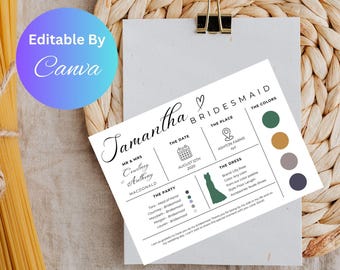 Editable Bridesmaid Information Card Bridal Party Template Bridal Proposal Card Infographic Edit with TEMPLETT Instant Download Customizable