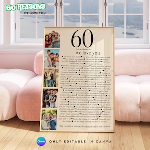 Modèle d'affiche 60 raisons pour lesquelles nous vous aimons avec photos imprimable Cadeau personnalisé 60e anniversaire pour lui ou elle Poster modifiable imprimable
