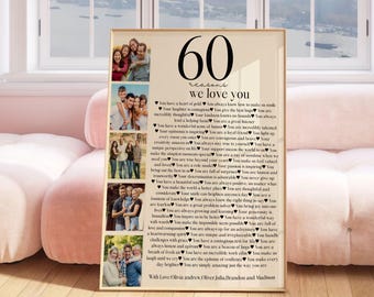 Póster con 60 razones por las que te amamos, plantilla de imágenes, regalo de cumpleaños número 60 personalizado para él o ella, póster editable, imprimible