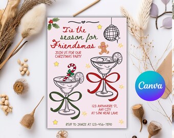 Whimsical Friendsmas Christmas Party Invitation Template Festive Hand-Drawn Xmas Holiday Invite Gingerbread  Cocktails, Digital Canva Design