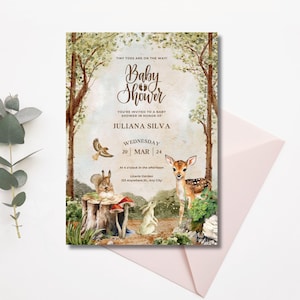 Enchanted FirstWoodland Printable Baby Shower Invite - Editable downloads with canva digital download showers invitations pdf