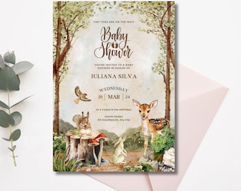 Invitation imprimable de baby shower de FirstWoodland enchantée - téléchargements modifiables avec des invitations de douches de téléchargement numérique de toile pdf