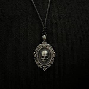 Witchcore Gothic Pewter Skull Cameo Pendant Necklace - Handmade Ornate Frame on Black Cord