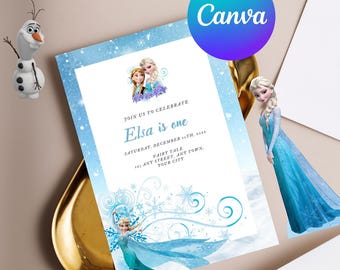 Frozen Elsa and Anna Birthday Invitation, Editable Canva Template