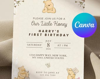 Winnie The Pooh First Birthday Invitation, Photo, Editable Canva Template (Digital)