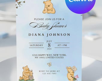 Blue Winnie the Pooh Baby Shower Invitation | Printable Boy Evite (Digital Download)