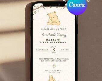 Winnie the Pooh First Birthday Evite, Editable Mobile Party Invitation, Digital Download