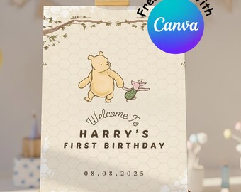 Winnie The Pooh First Birthday Welcome Sign, Editable Canva Template (Digital Download)