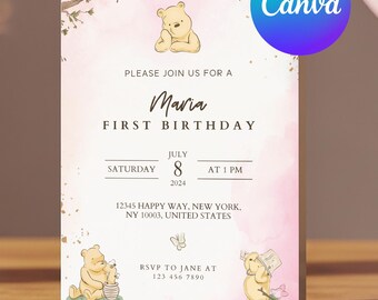 Vintage Pooh First Birthday Invitation, Hunny Theme (Canva Template)