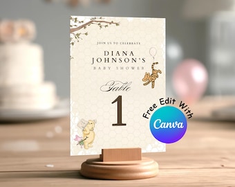 Winnie The Pooh Baby Shower Table Number, Vintage Theme (Editable Template)