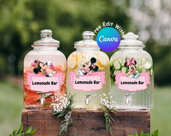 Editable Minnie Mouse Party Drink Labels for Birthday Decorations, Minnie Mouse Beverage Labels, Lemonade Labels, Digital Download #0006