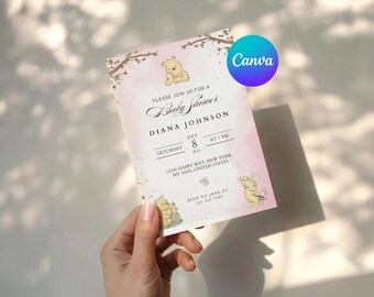 Winnie the Pooh Baby Shower Invitation, Pastel Floral (Digital)