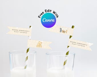 Winnie the Pooh Baby Shower Straw Flags, Vintage Pooh Party (Printable)