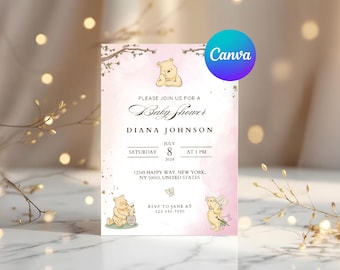Winnie the Pooh Baby Shower Invitation, Girl, Pastel Colors (Digital)