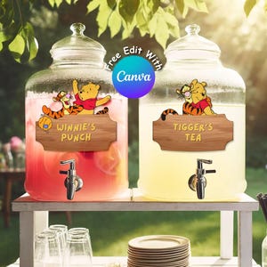 Étiquettes modifiables de boissons de fête de Winnie l'ourson pour des décorations de baby shower ou d'anniversaire, punch de l'ourson, ourson classique, téléchargement numérique #0015