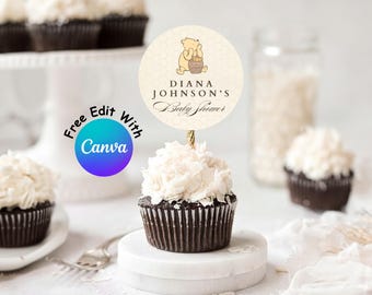 Winnie The Pooh Baby Shower Cupcake Toppers, Classic Pooh Bear Party Decorations (Printable Cake Picks)