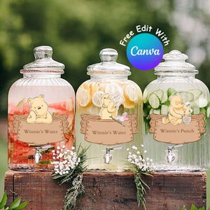 Afdrukbare Winnie de Pooh-feestdranketiketten voor babyshower of verjaardagsversieringen, Pooh's Punch, klassieke Pooh-beer, digitale download#0060