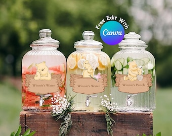 Afdrukbare Winnie de Pooh-dranketiketten, babyshowerversieringen (digitale download)