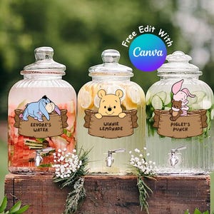 Edytowalne etykiety na napoje z Kubusiem Puchatkiem na baby shower lub dekoracje urodzinowe, Pooh’s Punch, Klasyczny Kubuś Puchatek, Pobieranie cyfrowe #0023