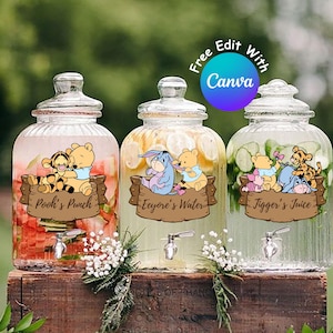 Étiquettes modifiables de boissons de fête de Winnie l'ourson pour des décorations de baby shower ou d'anniversaire, punch de l'ourson, ourson classique, téléchargement immédiat #0019