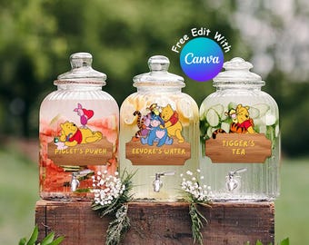 Editable Winnie the Pooh Party Drink Labels for Baby Shower or Birthday Decorations, Pooh’s Punch, Classic Pooh Bear, Instant Download #0020