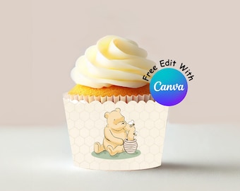 Winnie the Pooh Cupcake Wrappers, Gender Neutral Baby Shower Decor (Digital)