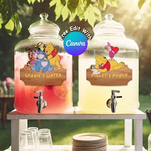 Étiquettes modifiables de boissons de fête de Winnie l'ourson pour des décorations de baby shower ou d'anniversaire, punch de l'ourson, ourson classique, téléchargement immédiat #0016