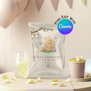 Winnie Puuh Baby-Dusche-Chip Tasche Vorlage, Bearbeitbare Party Favor Wrapper, DIY Snack Tasche, digitale Sofort-Download, Canva Printable #0062