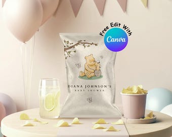 Winnie the Pooh Baby Shower Chip Bag Template, Editable Canva Printable (Digital Download)