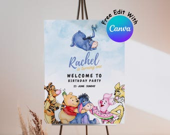 Winnie the Pooh Geburtstag Willkommensschild, bearbeitbares Partydekor (Digitale Datei)