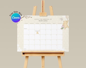 Winnie the Pooh Baby Due Date Calendar, Vintage Baby Shower Sign (PDF)