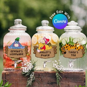 Étiquettes modifiables de boissons de fête de Winnie l'ourson pour des décorations de baby shower ou d'anniversaire, punch de l'ourson, ourson classique, téléchargement numérique #0022