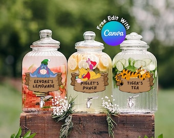 Editable Winnie the Pooh Party Drink Labels for Baby Shower or Birthday Decorations, Pooh’s Punch, Classic Pooh Bear, Digital Download #0022