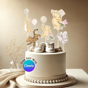 Winnie the Pooh Baby Shower Decorations, Editable Gender Neutral Centerpiece, Classic Pooh Bear Balloon Cut Out, Pooh Cake Topper B1 #0050