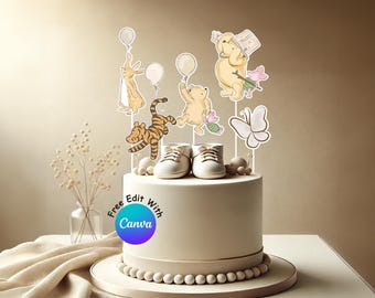 Winnie the Pooh Baby Shower Decorations, Editable Gender Neutral Centerpiece, Classic Pooh Bear Balloon Cut Out, Pooh Cake Topper B1 #0050