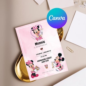 Invito di compleanno di Minnie Mouse, invito per festa di Minnie Mouse modificabile, modello di compleanno stampabile, tema Minnie rosa, download digitale #0047