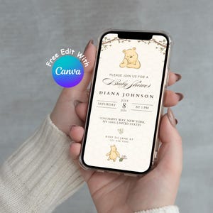 May include: A Winnie the Pooh themed baby shower invitation with a light brown background and a floral design. The invitation includes the text "Please join us for a Baby Shower", "Diana Johnson", "Saturday, July 8, 2024 at 1 PM", "12345 Happy Way, New York, NY 10001, United States", and "RSVP to Jane at 123 456 7890".