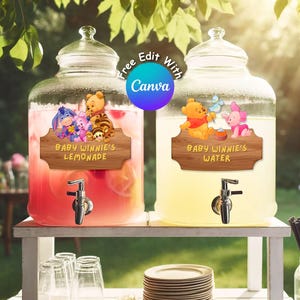 Étiquettes modifiables de boissons de fête Winnie l'ourson pour décorations de baby shower ou d'anniversaire, punch de l'ourson, ourson classique, téléchargement immédiat #0017