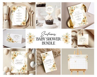 Sunflower Baby Shower Invitation Bundle, Floral Printable Set (Editable Template) - 083