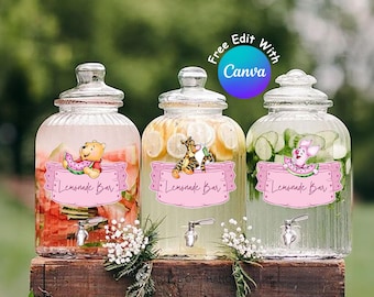 Editable Winnie the Pooh Party Drink Labels for Baby Shower or Birthday Decorations, Pooh’s Punch, Classic Pooh Bear, Digital Download #0007