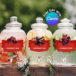 Étiquettes modifiables de boissons de fête Spiderman pour décorations d'anniversaire de garçon, étiquettes de boissons Spider-man, étiquettes de limonade, téléchargement numérique #0012