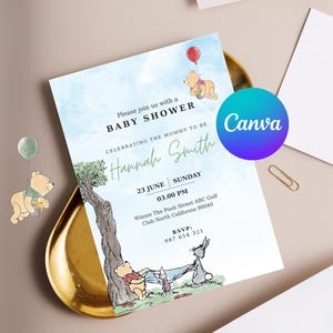 Blue Classic Winnie the Pooh Baby Shower Invitation Template, Classic Pooh Bear Boy Baby Shower Invite, Editable and Printable,Digital #0046