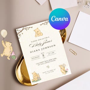 Winnie the Pooh Baby Shower Invites, Classic Pooh Bear Gender Neutral Invitation, Beige Vintage Pooh Bear Printable Template B1 #0031