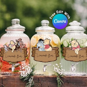 Étiquettes modifiables de boissons de fête de Winnie l'ourson pour des décorations de baby shower ou d'anniversaire, punch de l'ourson, ourson classique, téléchargement numérique #0010