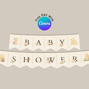 Winnie The Pooh Baby Shower Banner, Gender Neutral Baby Shower Decoration, Editable & Printable Party Flag, Classic Pooh Bear Theme B1 #0068